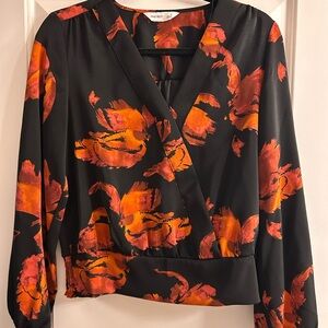 Nine West Black Wrap Blouse with Orange and Red Floral Print